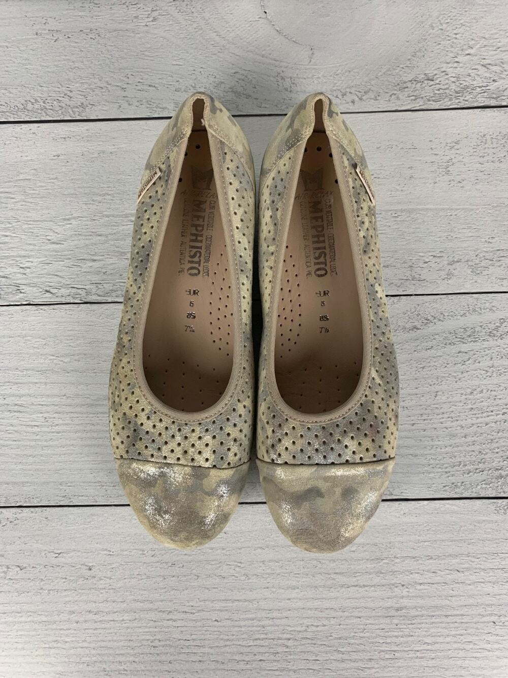 Mephisto Women's 7.5 Silver Camo Leather Air Relax Slip On Ballet Flats Shoes